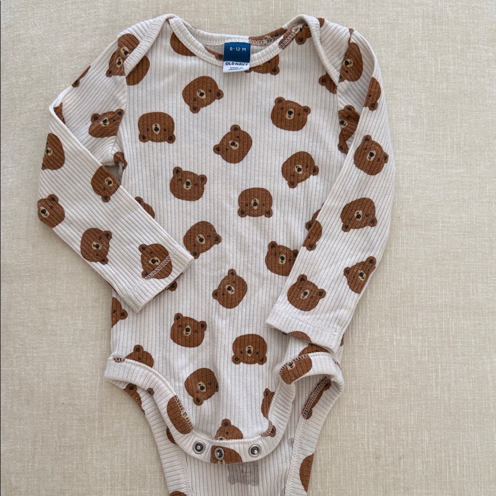 Old Navy Beige Ribbed Long-Sleeve One-Piece with Brown Bear Print